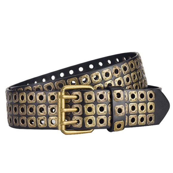 Accessories - 6245 3 Row Studded Holes Grommet Faux Leather Belts For Women Men Punk